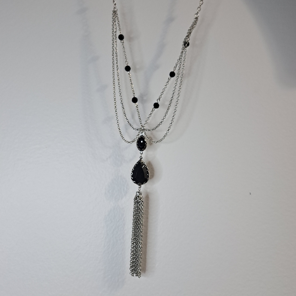 Liz Claiborne Elegant Black and Silver Layered Tassle Necklace